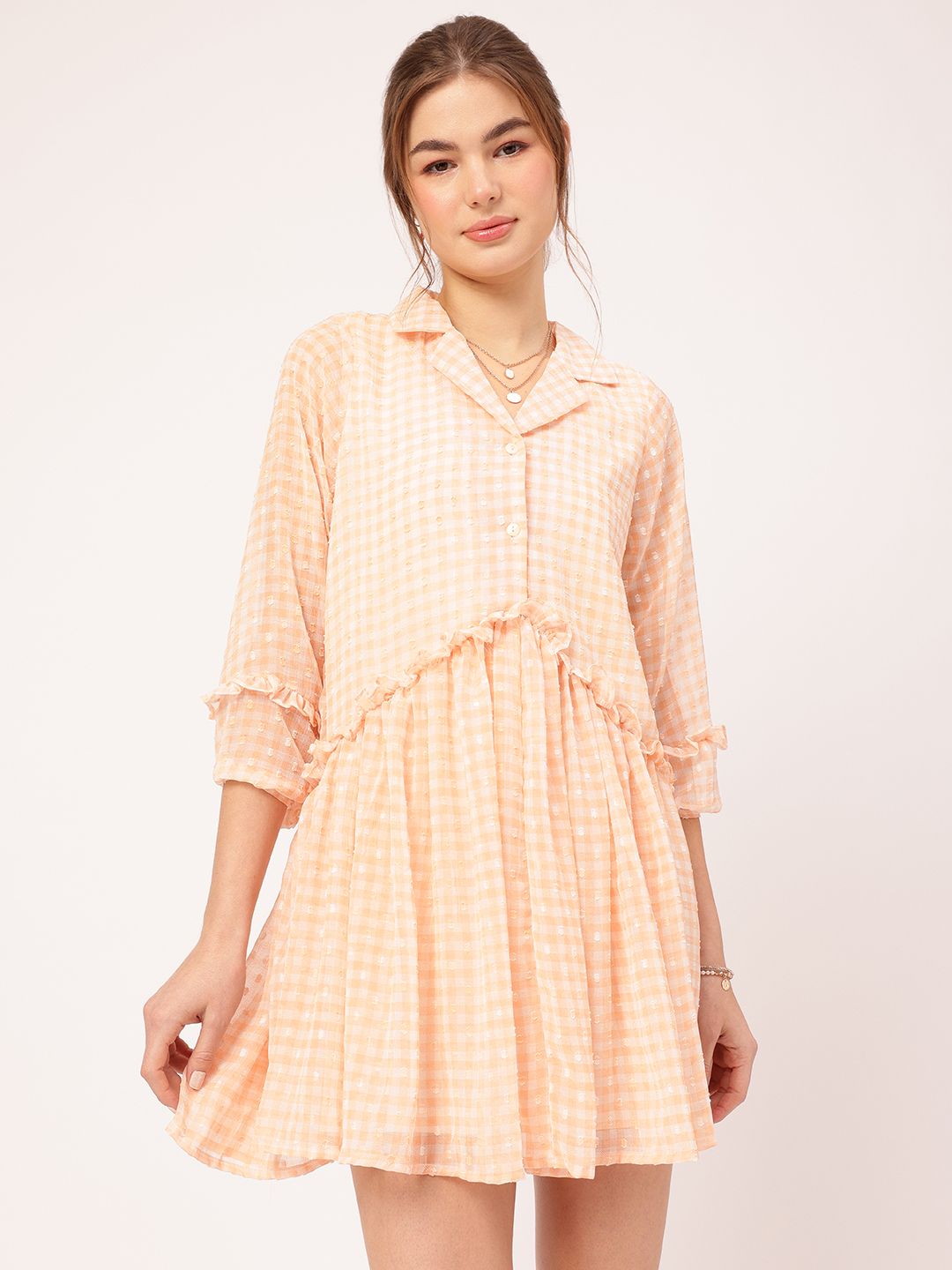 DressBerry Sunset Romance Ruffled Dobby Detail Shirt Mini Dress