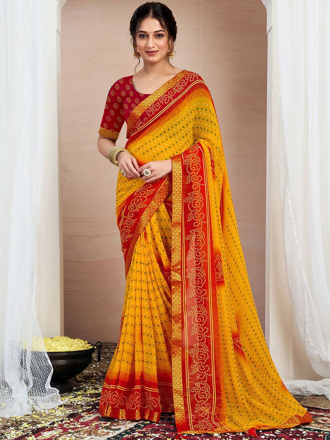 KALINI Bandhani Zari Pure Chiffon Bandhani Saree