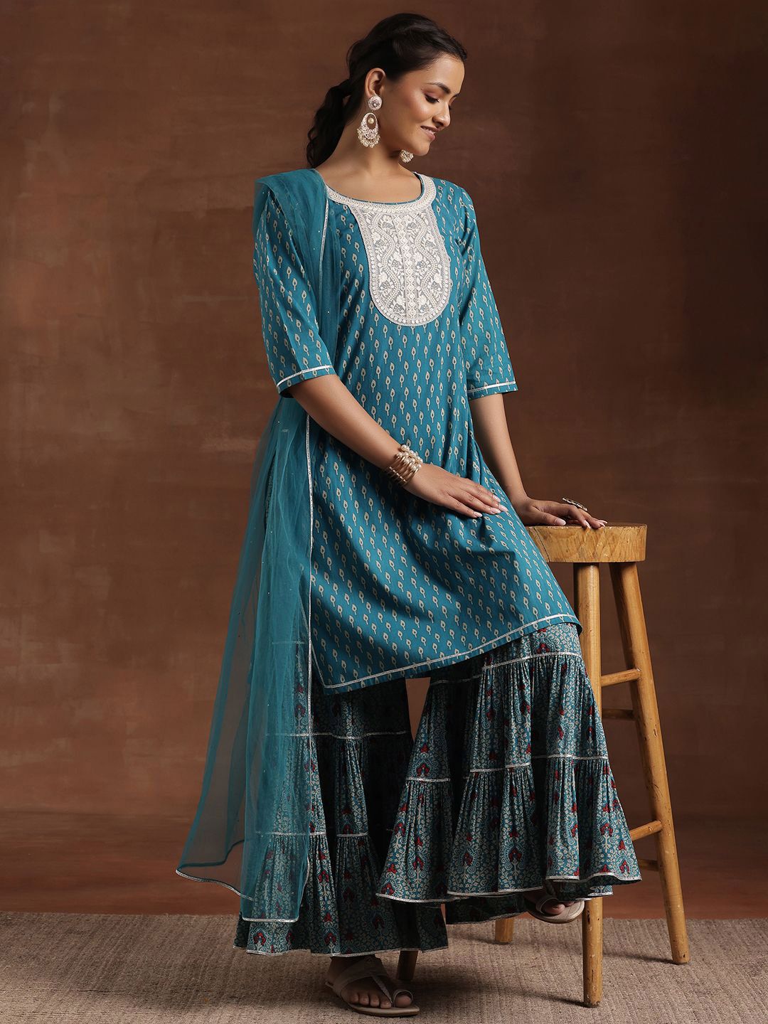 Libas Floral Printed Pure Cotton Kurta with Sharara & Dupatta