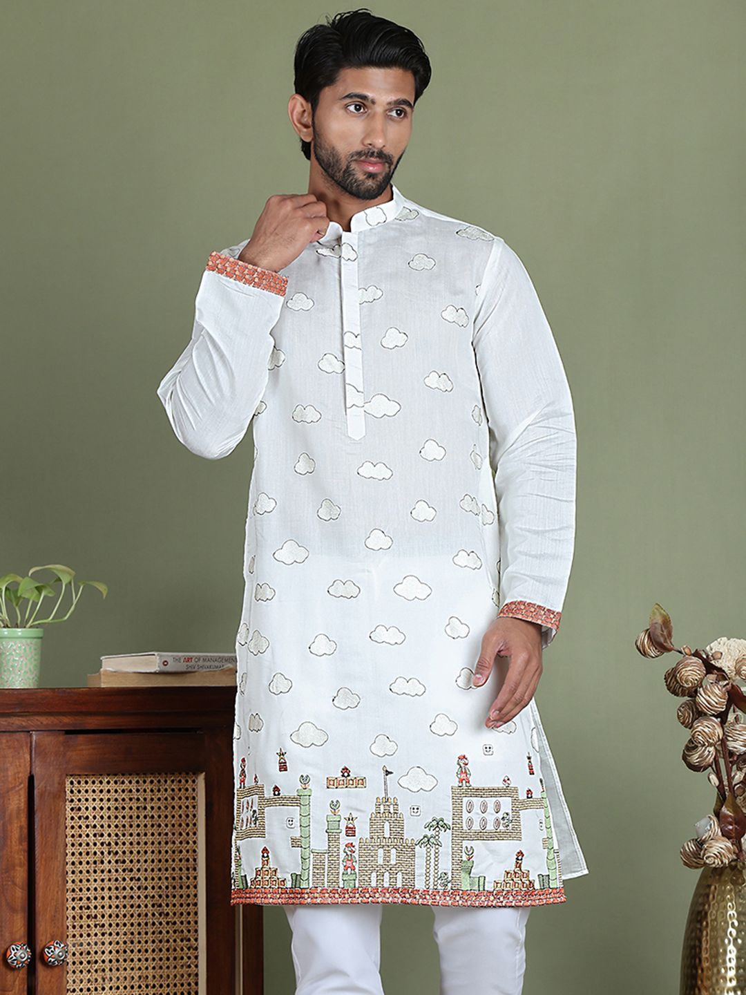 Jompers Coversational Printed Embroidered Mandarin Collar Straight Kurta