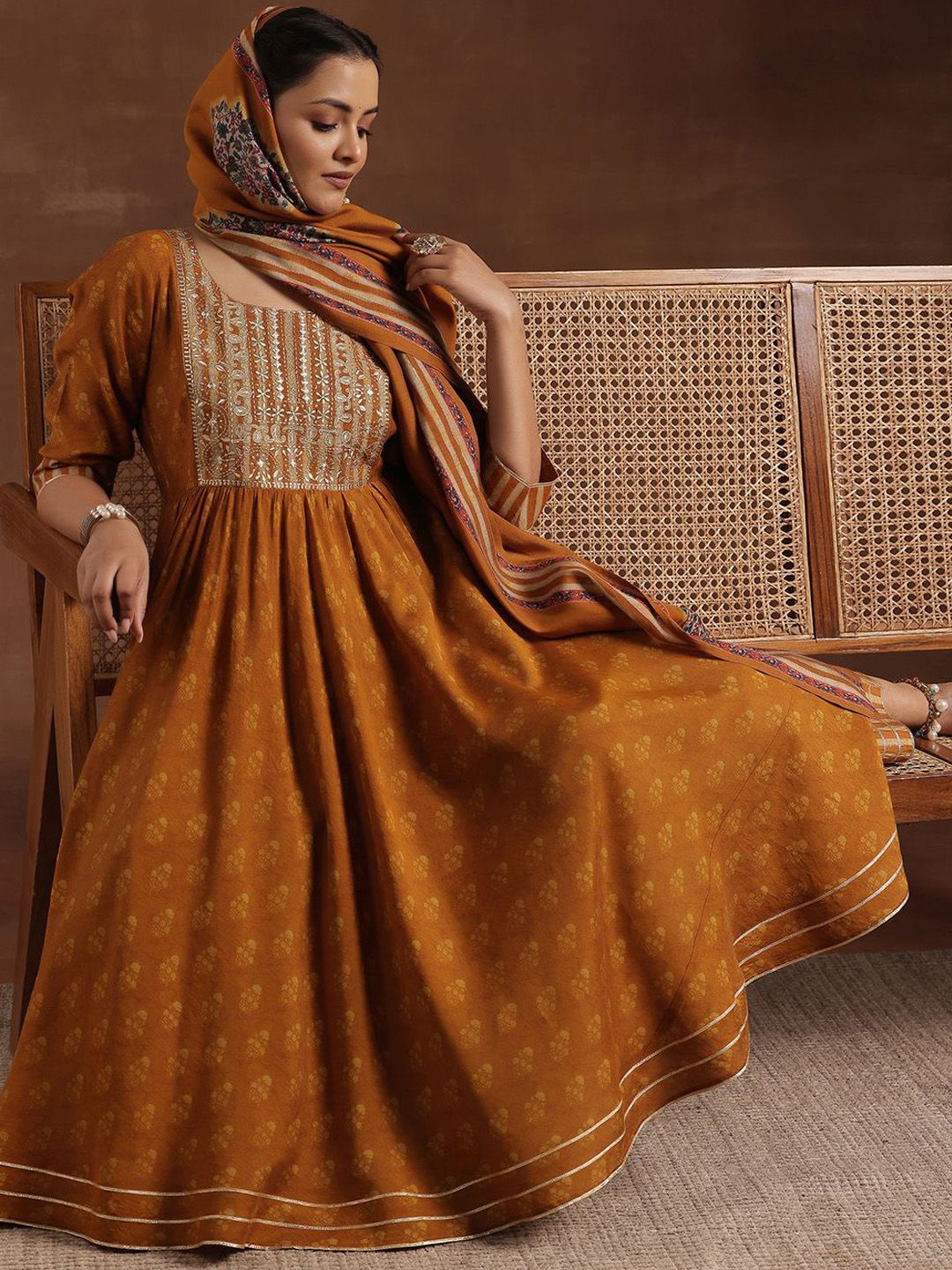 Libas Floral Printed Thread Work Pleated Anarkali Kurta with Trousers & Dupatta