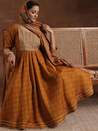 Libas Floral Printed Thread Work Pleated Anarkali Kurta with Trousers & Dupatta