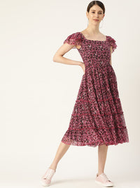 Antheaa Women Floral Printed Fit and Flare Tiered Dress With Smocked Detail