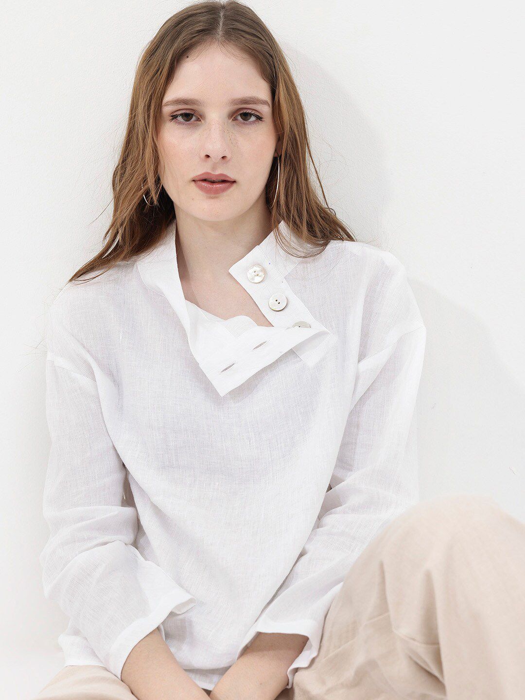 RAREISM Mandarin Collar Linen Top