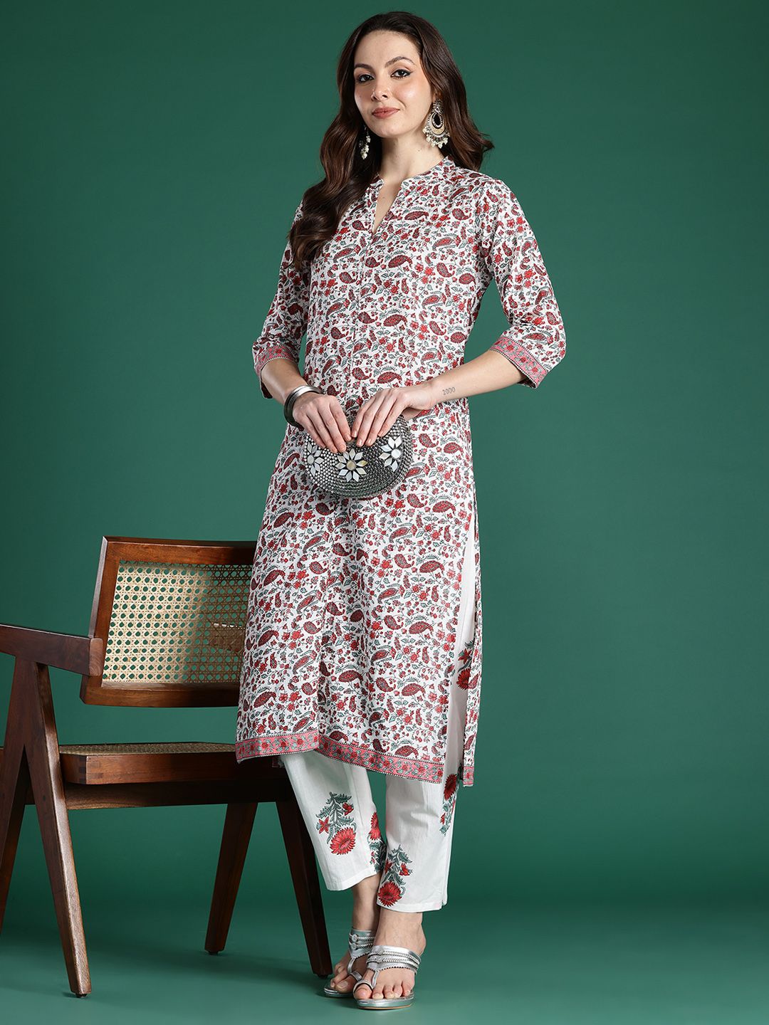 Indo Era Paisley Printed Pure Cotton Kurta with Trousers