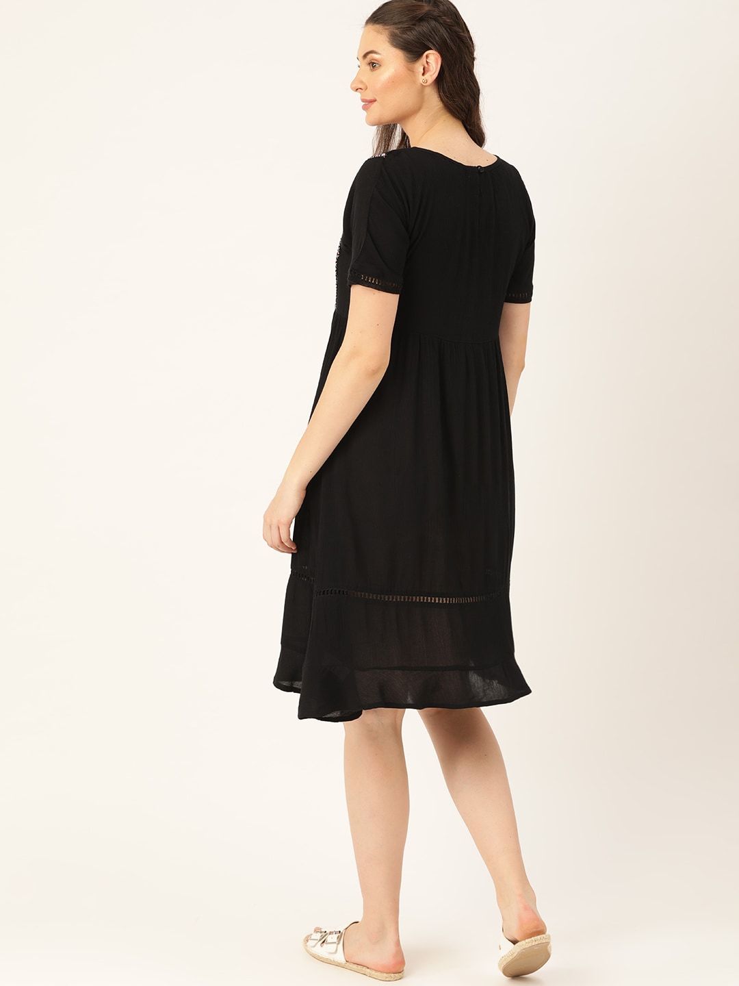 DressBerry Black Embroidered Detail A-Line Dress