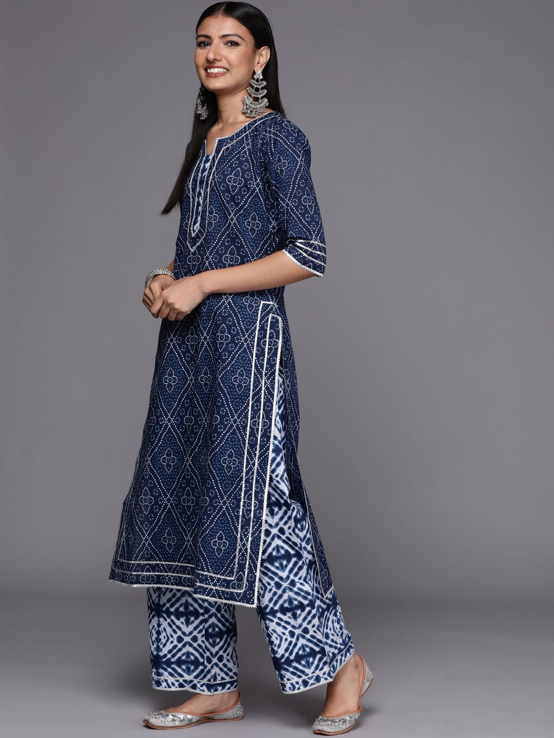 Libas Women Blue Bandhani Printed Pure Cotton Kurta with Palazzos & Dupatta