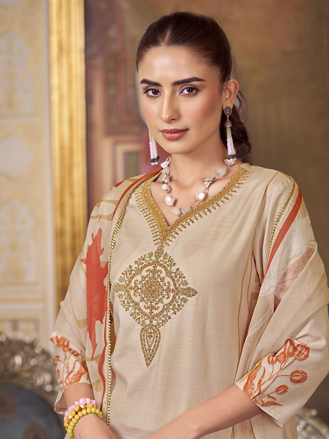 KALINI Floral Embroidered Thread Work Kurta with Trousers & Dupatta