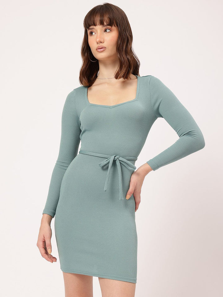 DressBerry Cute Feminine Ribbed Waist Tie-Up & Cut Out Detail Bodycon Dress