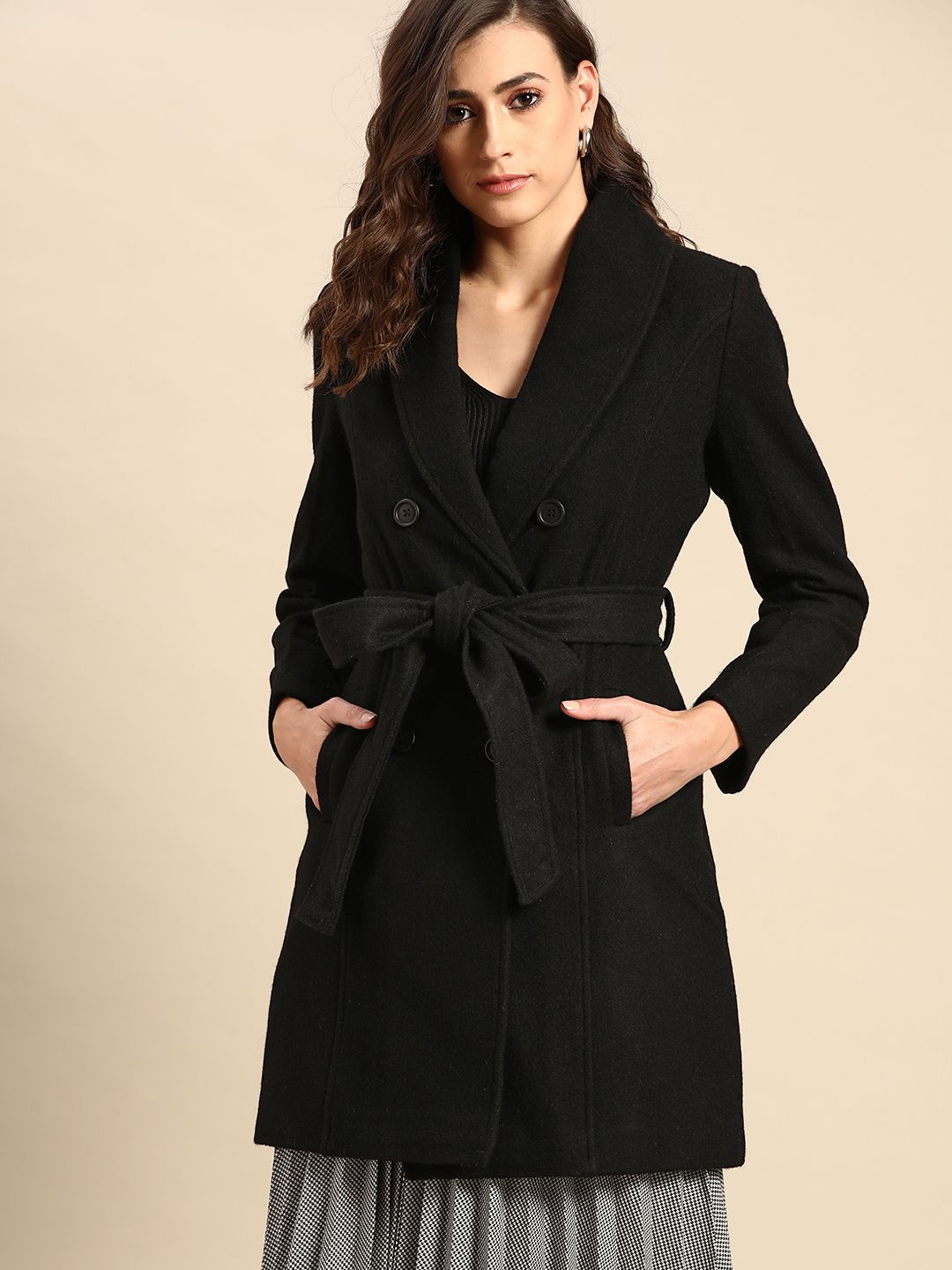 all about you Luxe Collection Women Black Solid Double Breasted Longline Trench Coat