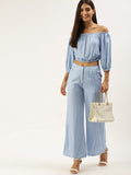 AND Blue & White Off-Shoulder Striped Co-Ords Set