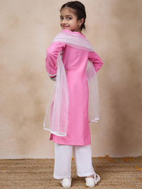 pspeaches Girls Floral Embroidered Round Neck Straight Kurta With Trousers & Dupatta