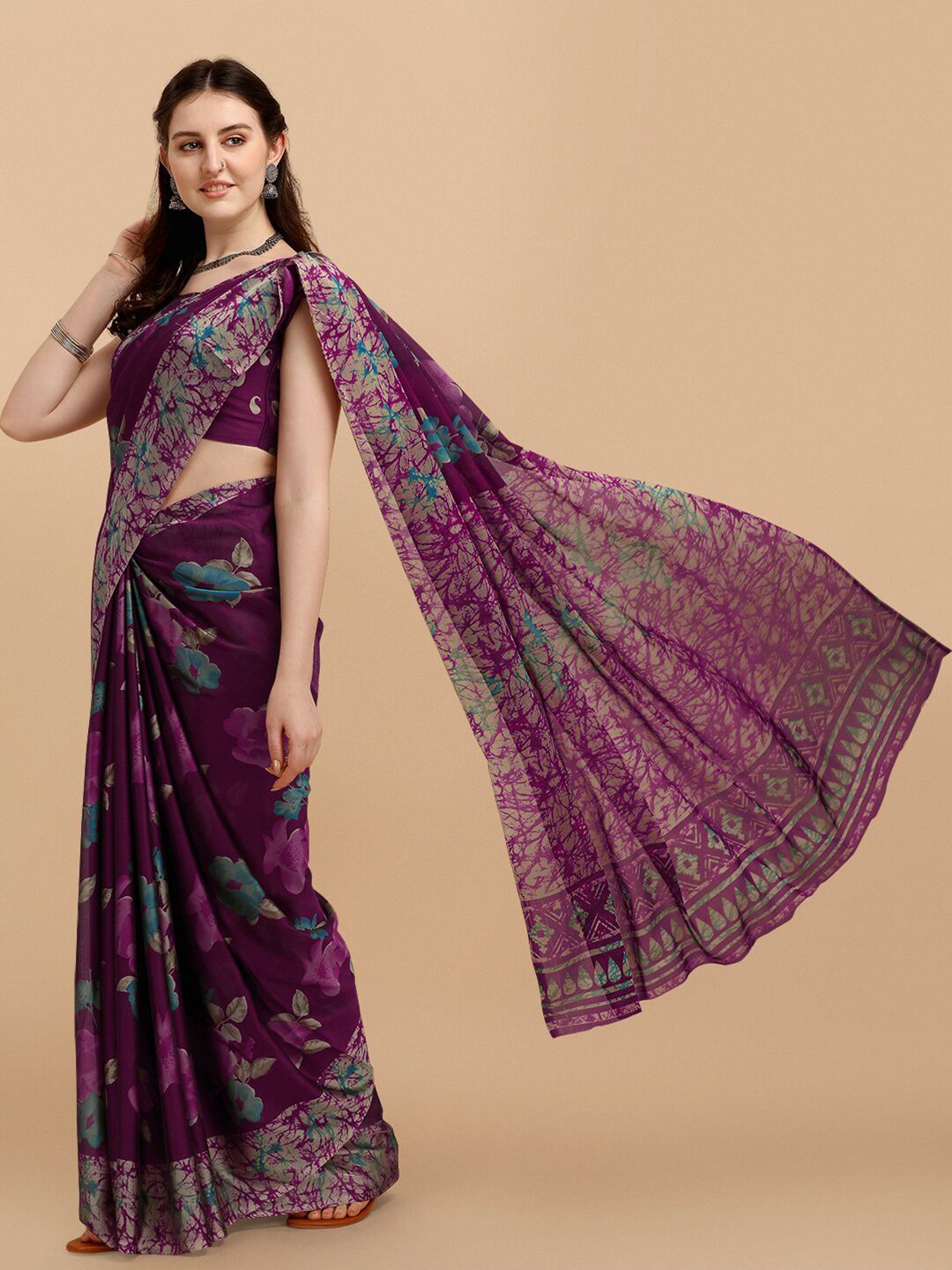 KALINI Purple & Blue Floral Printed Saree
