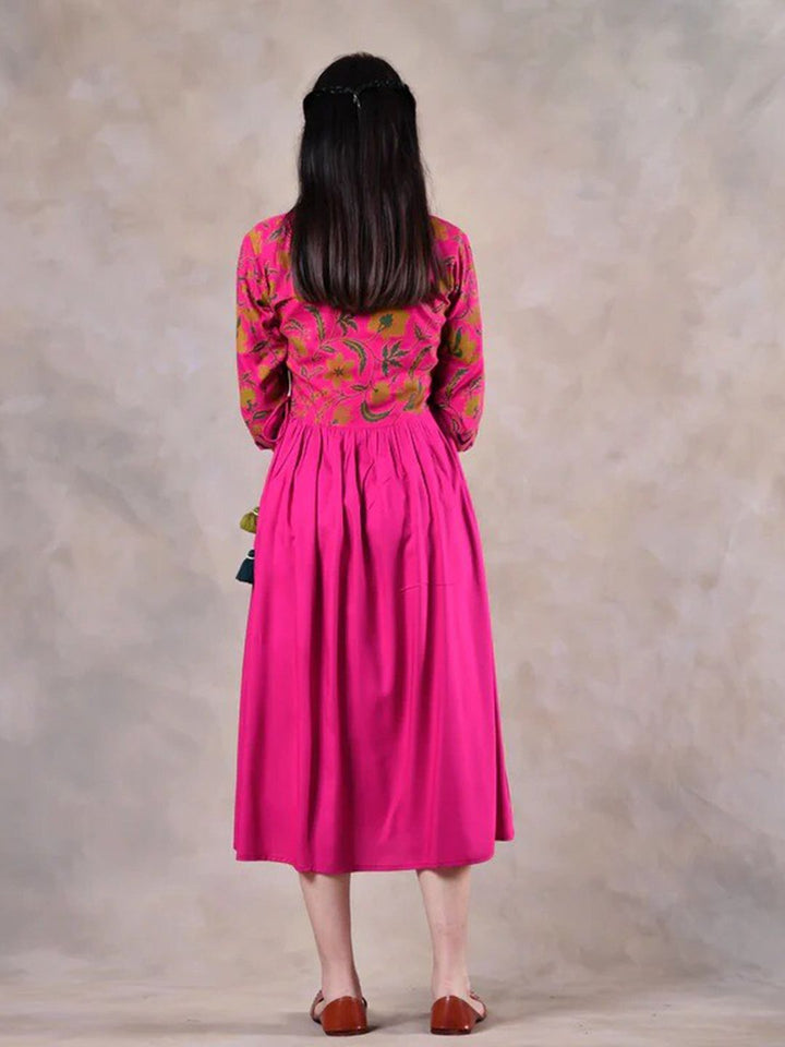 Rustorange Women Pink Floral Rayon A-Line Midi Dress