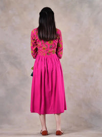 Rustorange Women Pink Floral Rayon A-Line Midi Dress