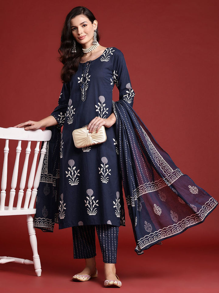 Indo Era Floral Printed Sequinned Pure Cotton Kurta With Trousers & Dupatta