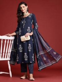 Indo Era Floral Printed Sequinned Pure Cotton Kurta With Trousers & Dupatta