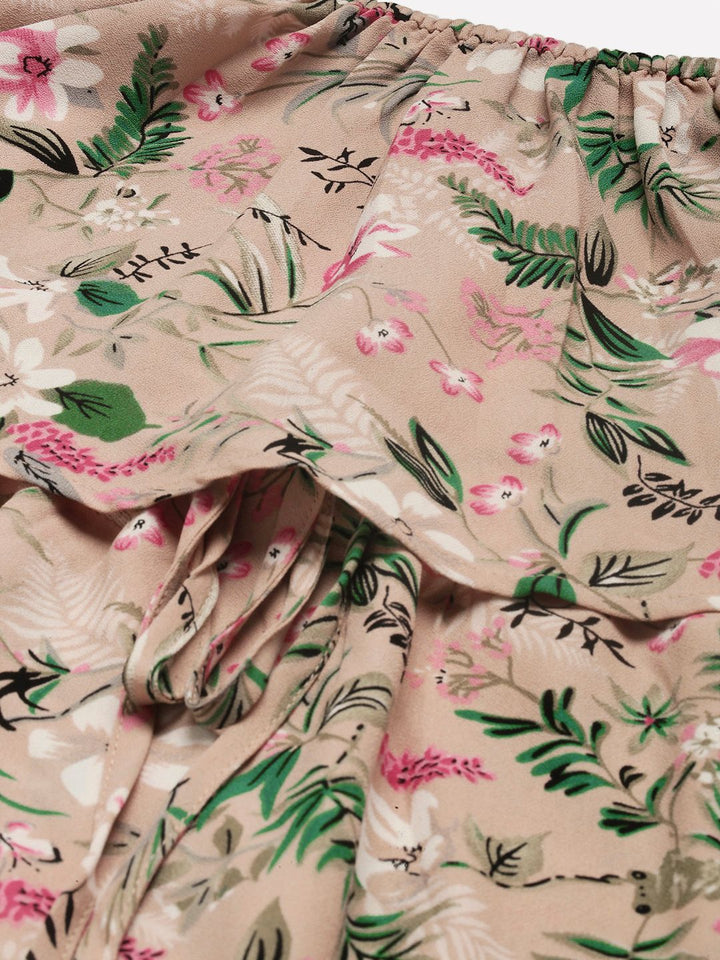 Berrylush Women Pink & Green Floral Printed Off-Shoulder Maxi Dress