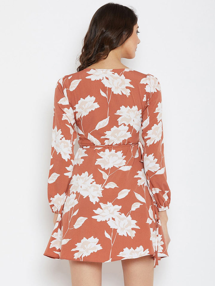 Berrylush Women Brown Floral Printed Wrap Dress