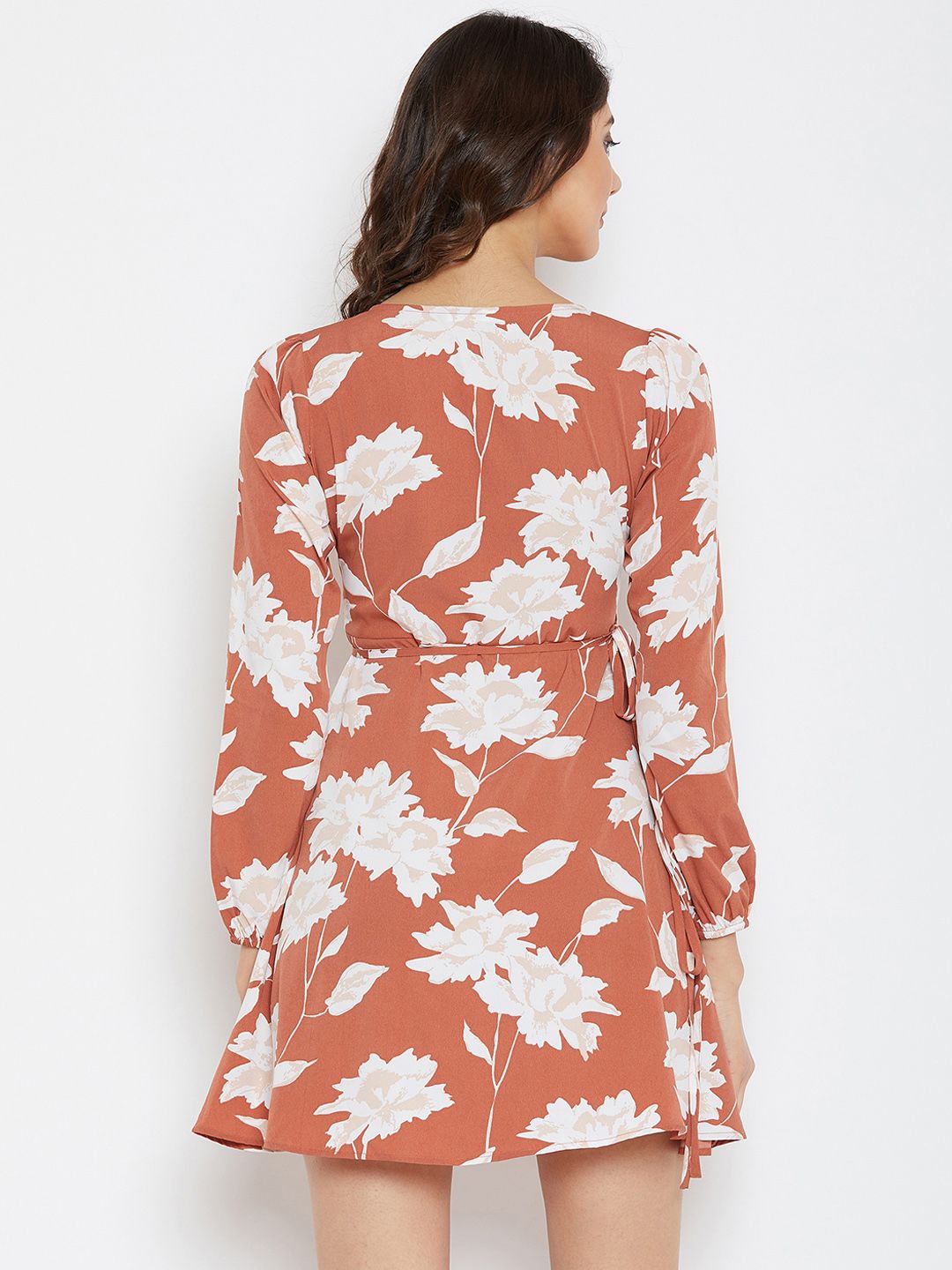 Berrylush Women Brown Floral Printed Wrap Dress