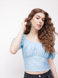 DressBerry Icy Blue Elevated Everyday Blouson Crop Top