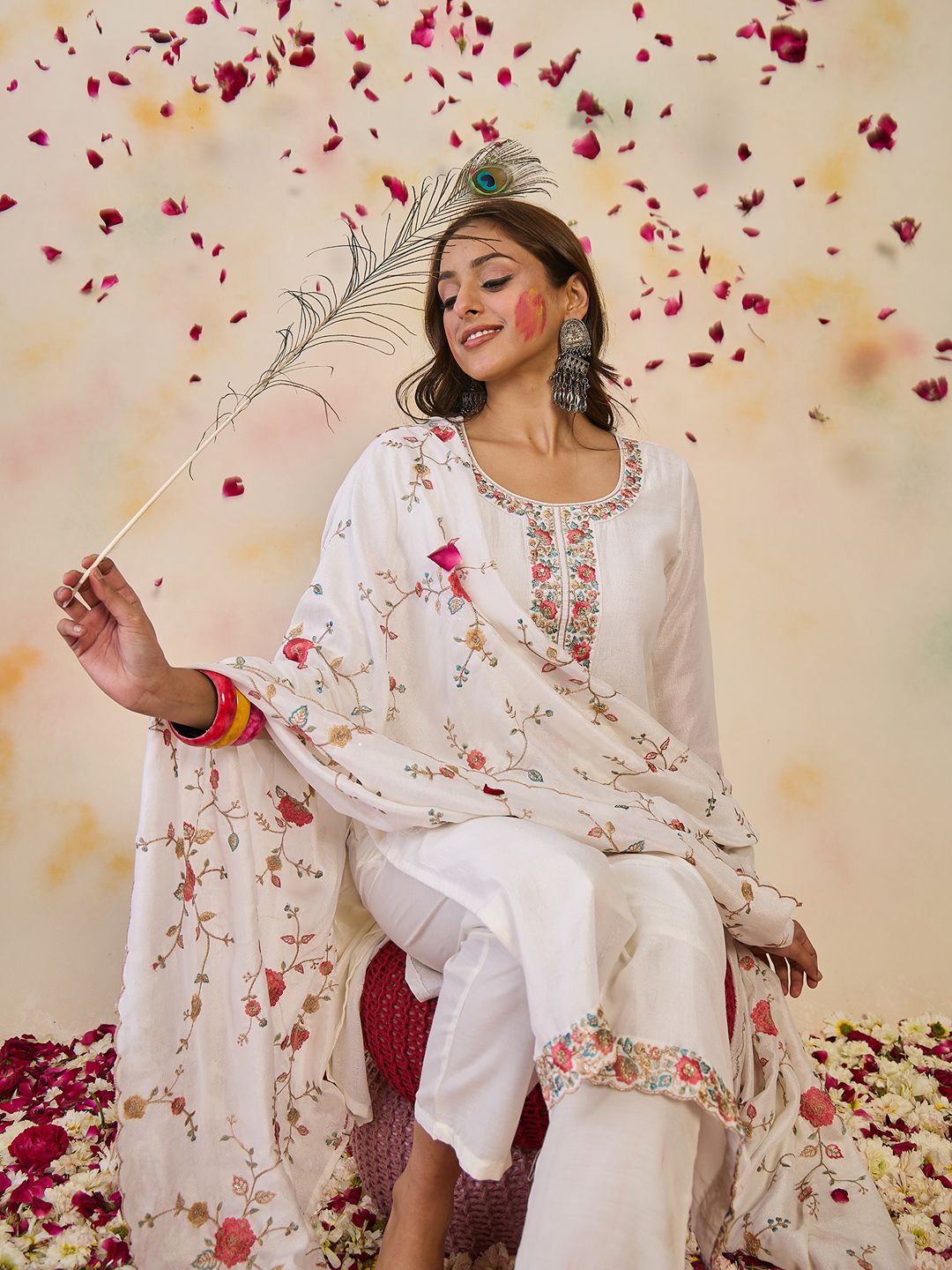 Indo Era Women Floral Embroidered Regular Thread Work Kurta with Trousers & With Dupatta