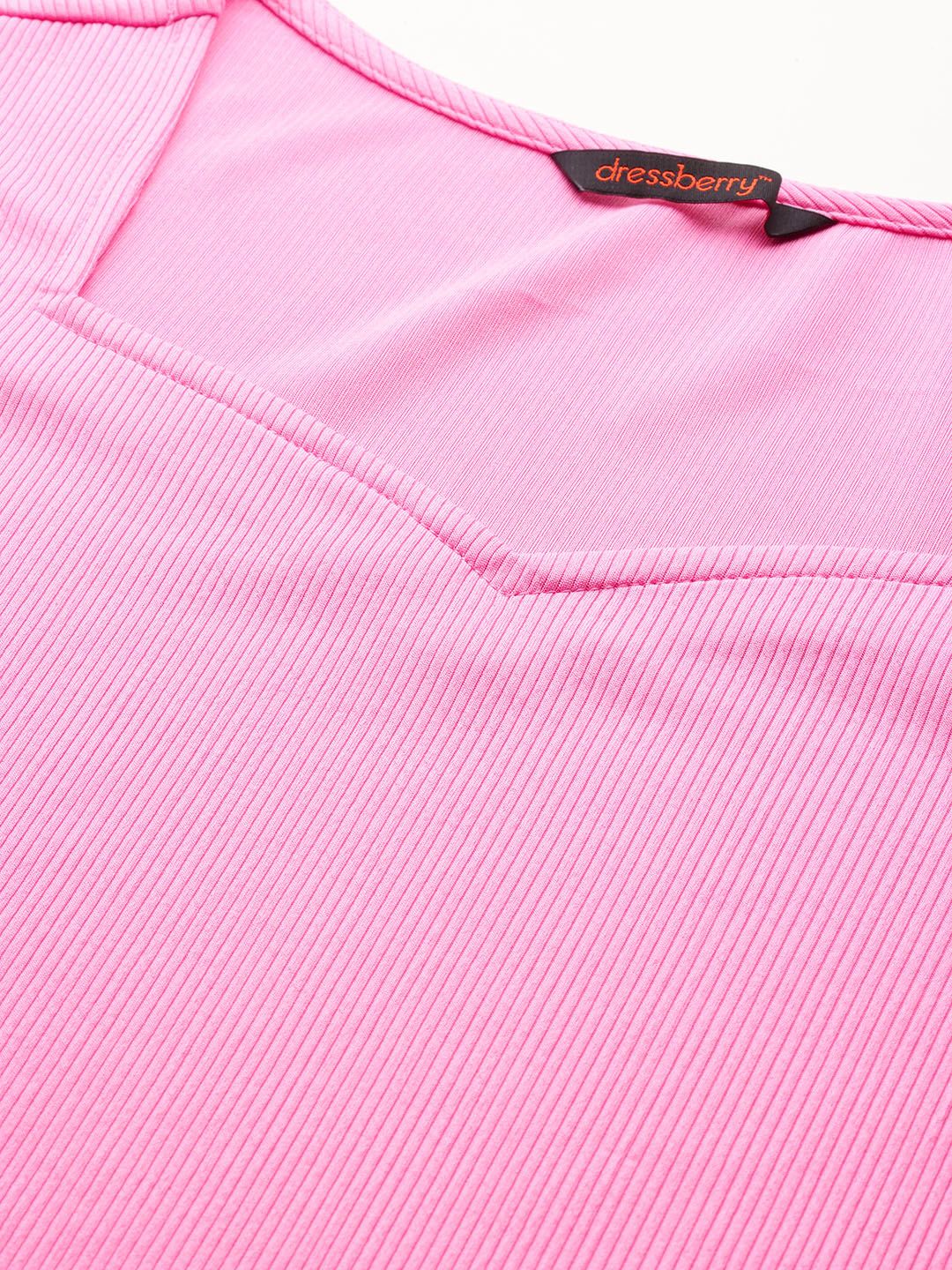 DressBerry Pink Self Design Sweetheart Neck Top