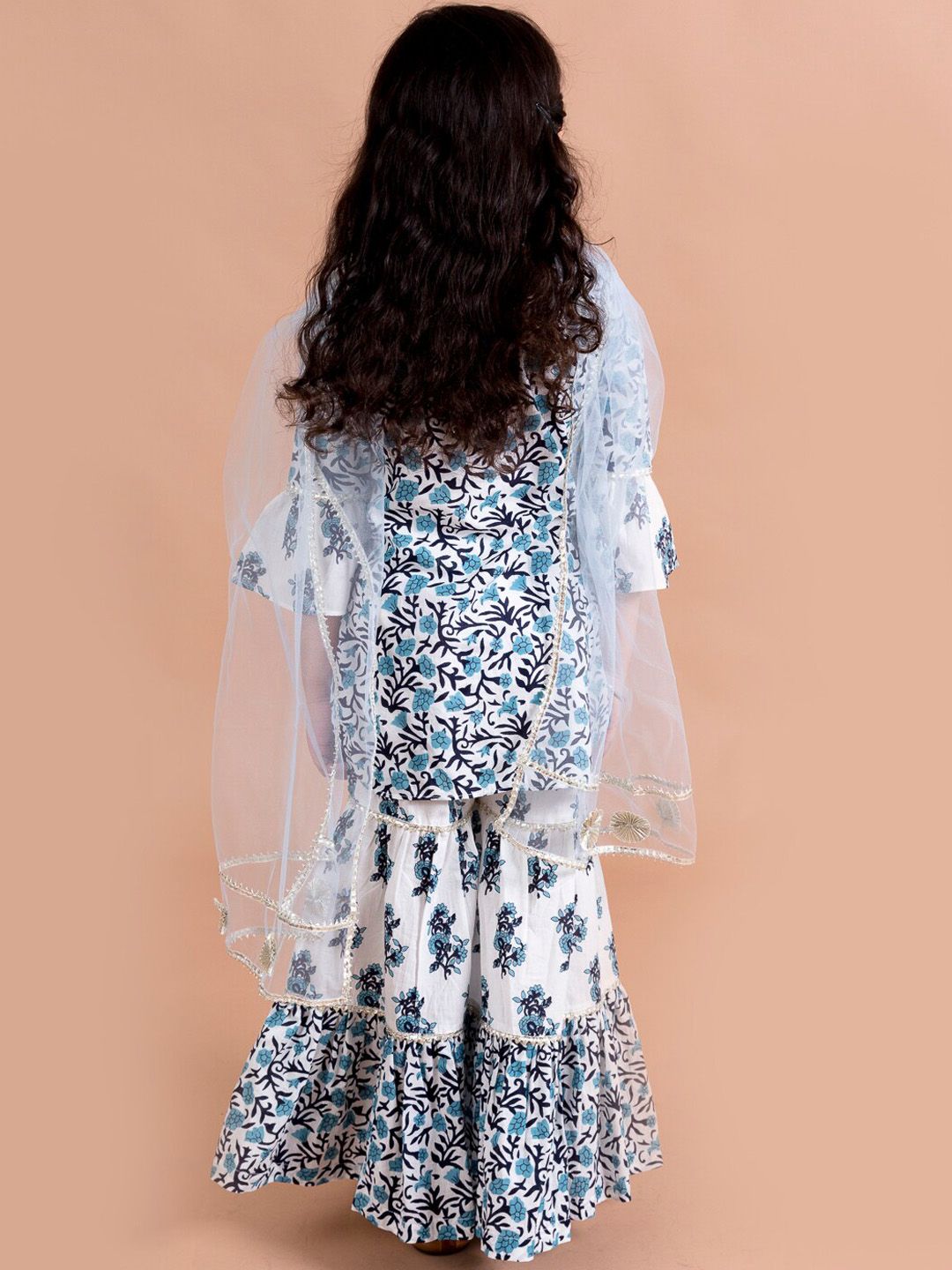 pspeaches Girls Blue Printed Pleated Pure Cotton Kurta with Sharara & Dupatta