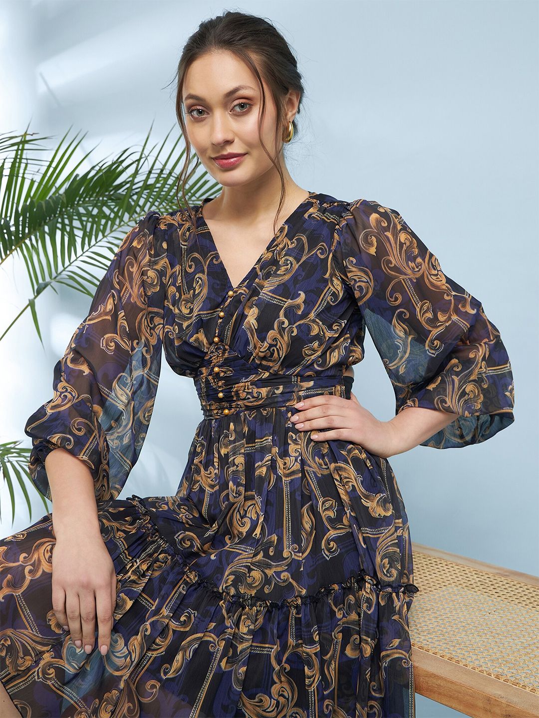 Antheaa Blue Ethnic Motifs Printed Flared Flared Sleeve V-Neck Fit & Flare Dress