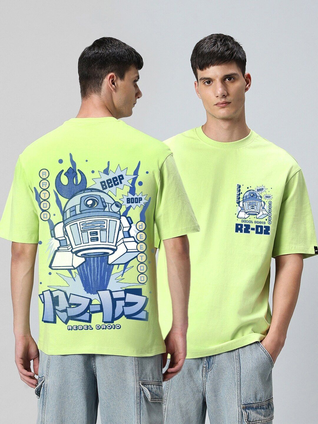 Bewakoof Green Star Wars Printed Drop-Shoulder Sleeves Oversized Cotton T-shirt