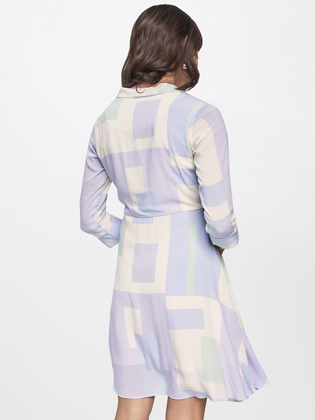 AND Blue & White Printed Waist Tie-Ups Detail Fit and Flare Formal Dress