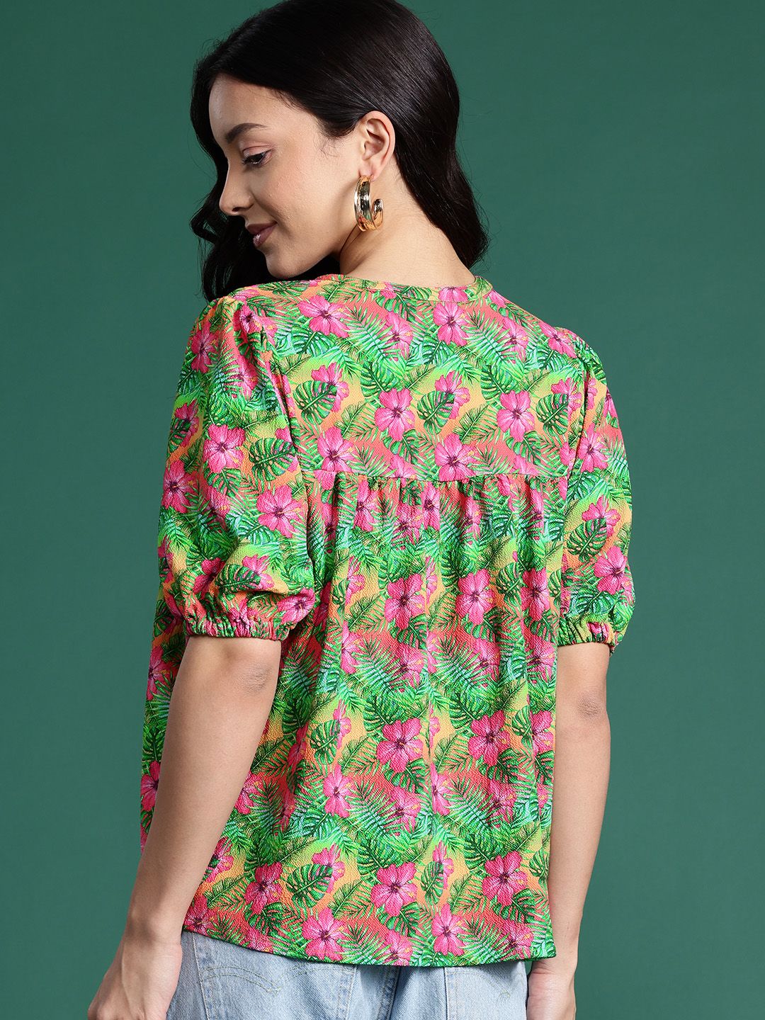DressBerry Tropical Print Tie-Up Neck Puff Sleeves Empire Top