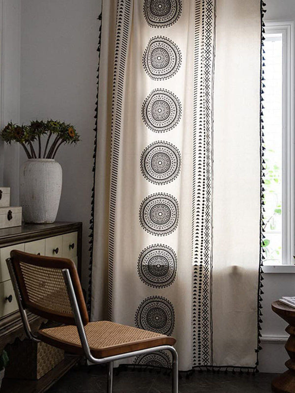 URBAN SPACE Boho White & Black Ethnic Motifs Printed Cotton Door Curtain