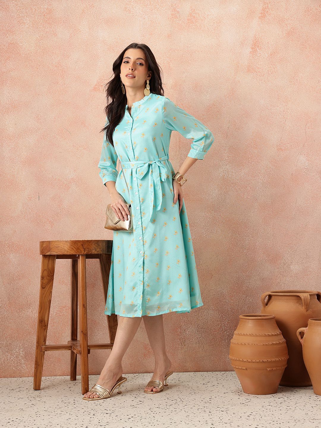 all about you Printed Belted Satin Finish Ethnic Shirt Midi Dress