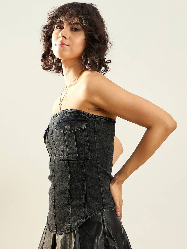 SASSAFRAS Black Strapless Washed Cotton Denim Tube Top