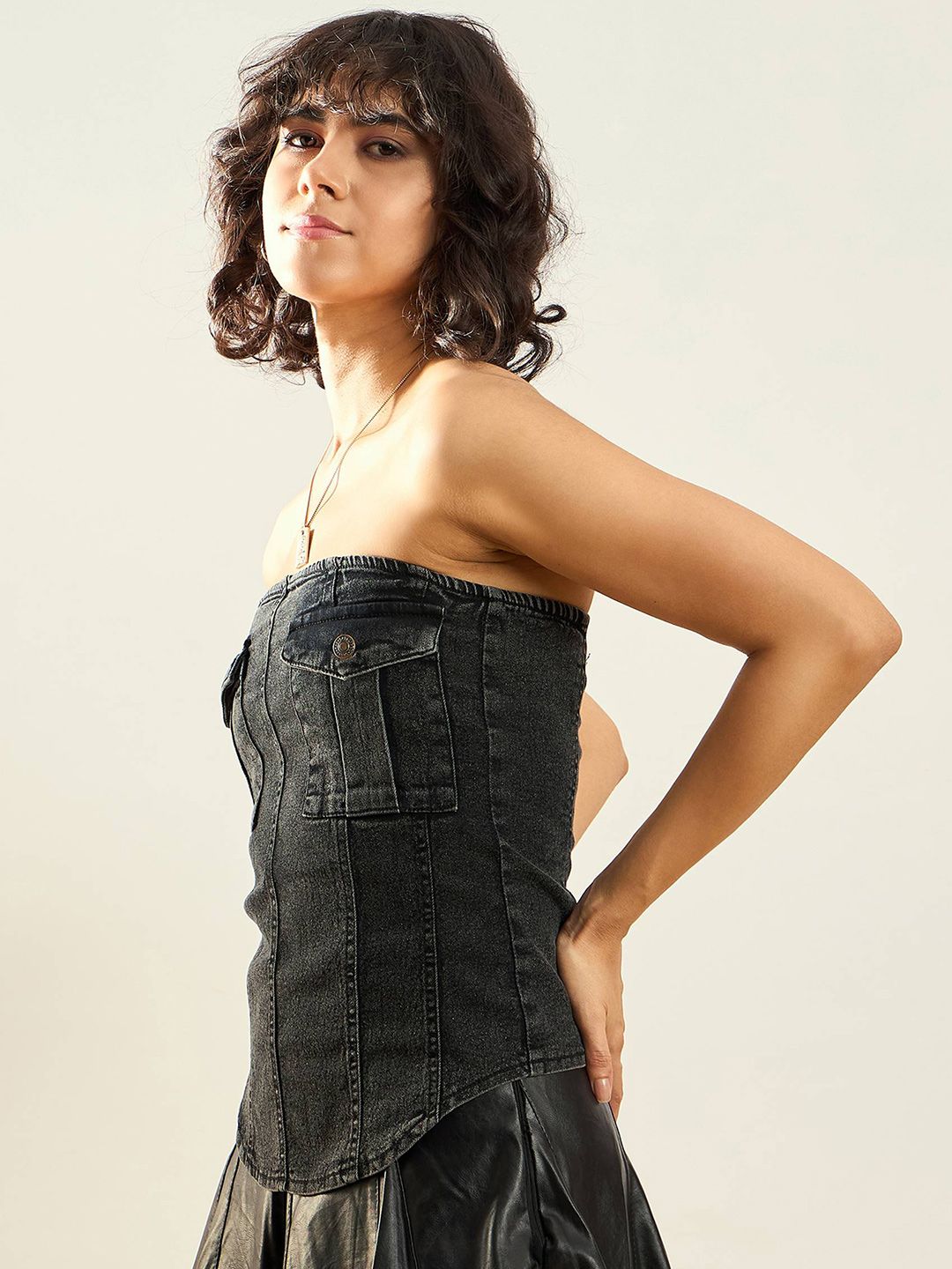 SASSAFRAS Black Strapless Washed Cotton Denim Tube Top