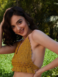 Athena Mustard Yellow Self Design Halter Neck Cotton Crochet Crop Top