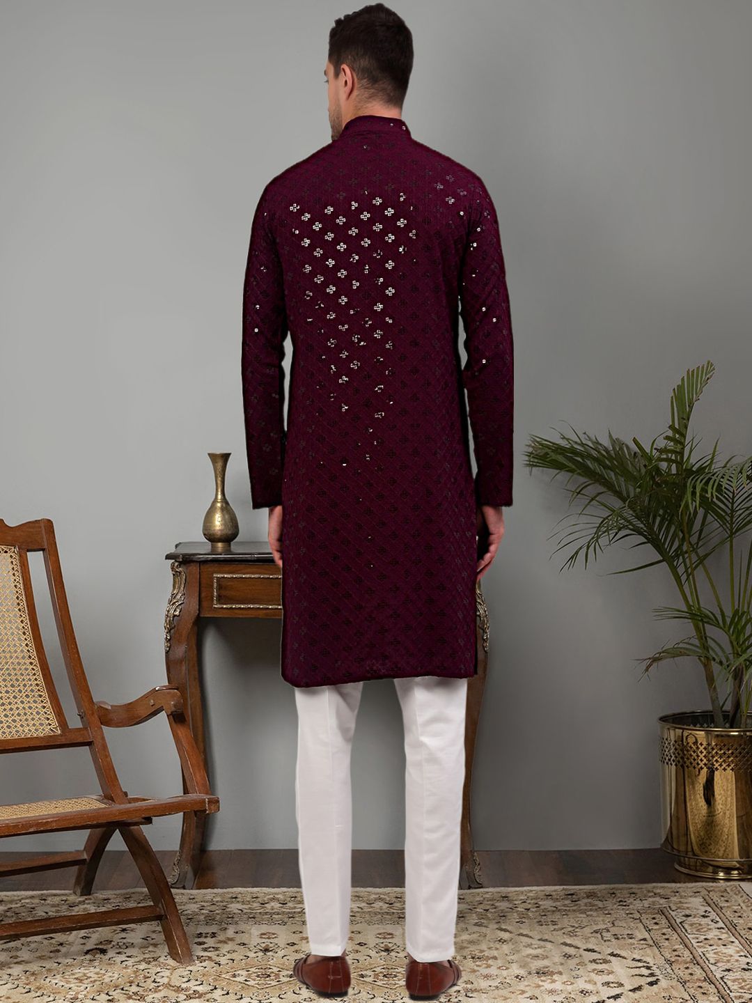 Jompers Ethnic Motif Embroidered Mandarin Collar Sequinned Pure Cotton Kurta with Trousers