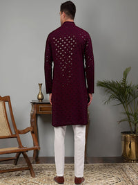 Jompers Ethnic Motif Embroidered Mandarin Collar Sequinned Pure Cotton Kurta with Trousers