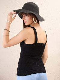 SASSAFRAS Self Design Striped Sleeveless Crochet Top