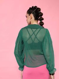 STREET 9 Women Green Sheer Dobby Printed Casual Shirt