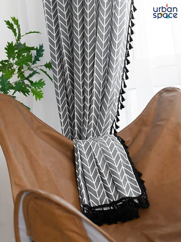 URBAN SPACE Boho Grey & White Geometric Printed Cotton Window Curtain