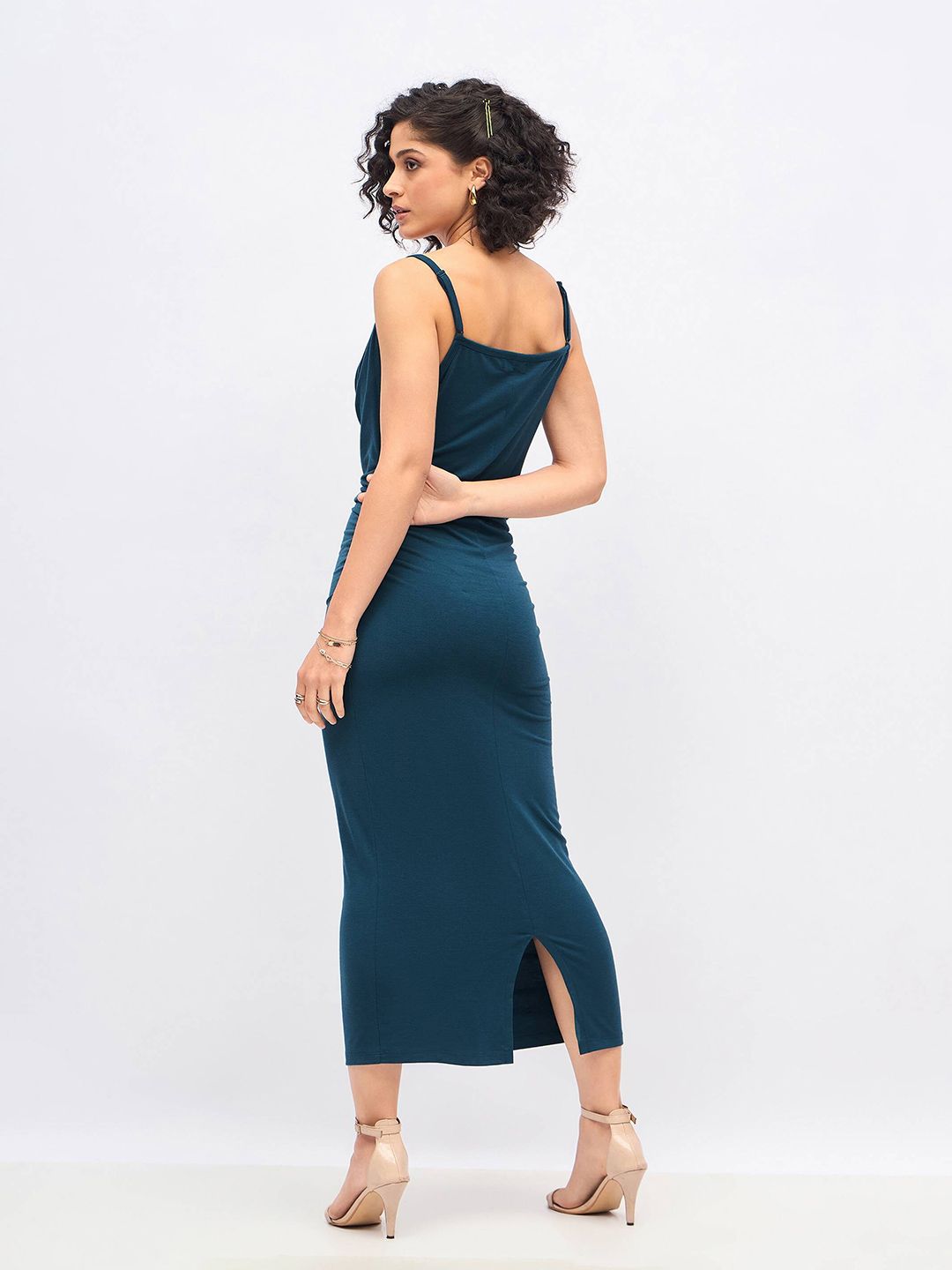 SASSAFRAS Teal Blue Cowl Neck Bodycon Midi Dress