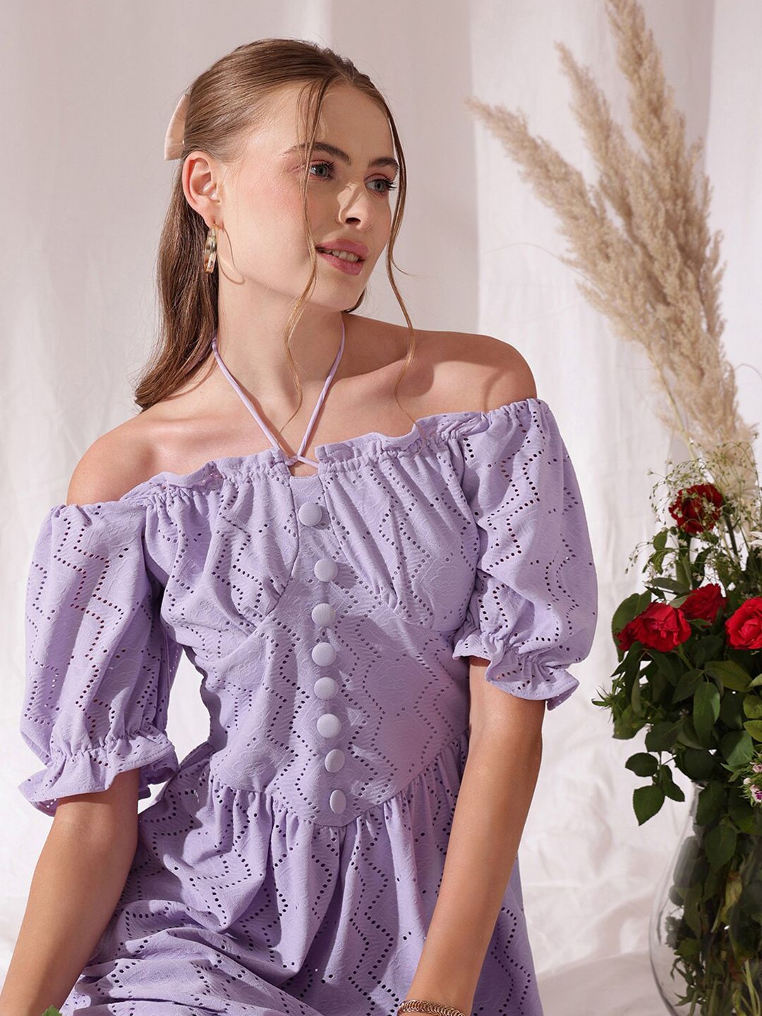 STREET 9 Off-Shoulder Puff Sleeve Schfilli A Line Dress