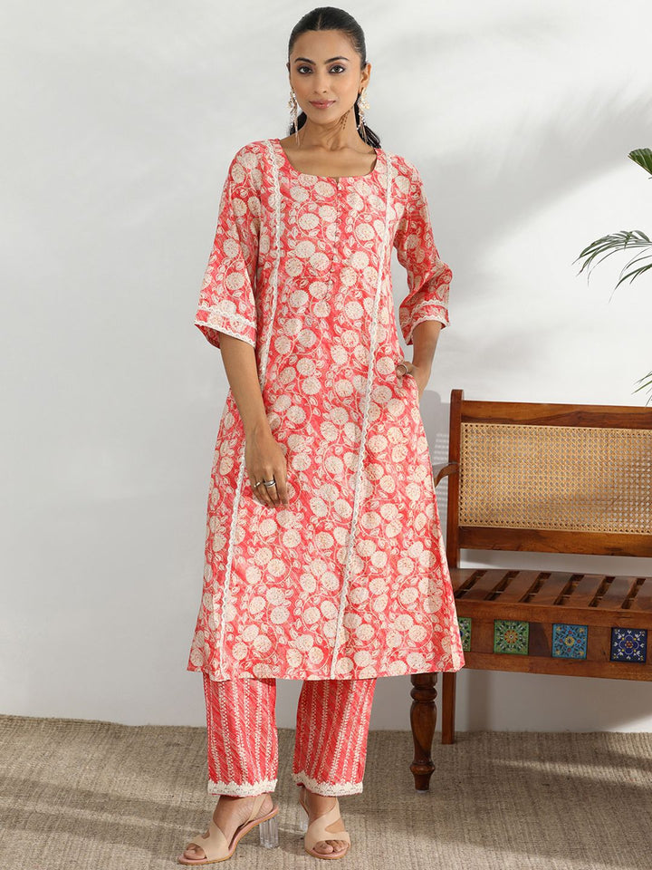 Libas Floral Printed Round Neck Three-Quarter Sleeves Panelled Kurta with Trousers