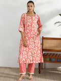 Libas Floral Printed Round Neck Three-Quarter Sleeves Panelled Kurta with Trousers