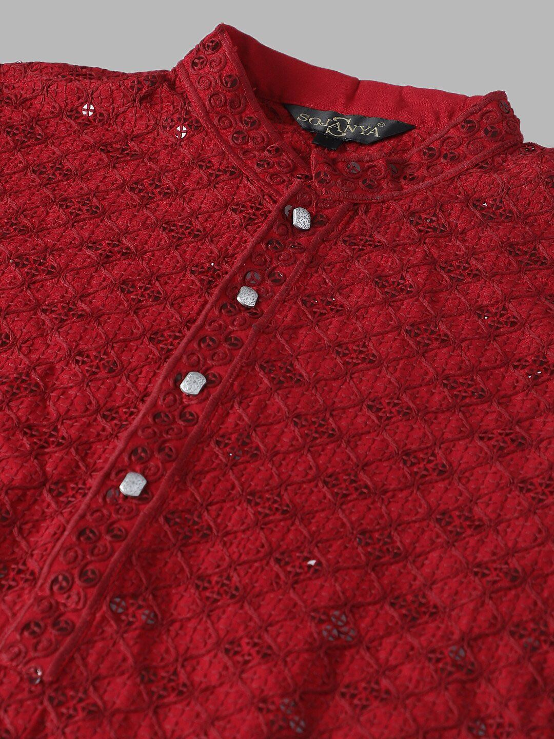 SOJANYA Geometric Embroidered Sequence Mandarin Collar Pure Cotton Kurta