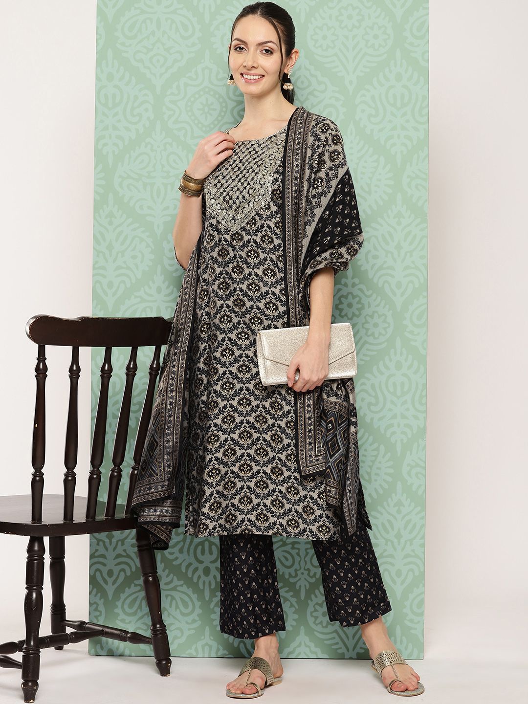 Libas Ethnic Motifs Printed Thread Work Detail Straight Kurta with Trousers & Dupatta
