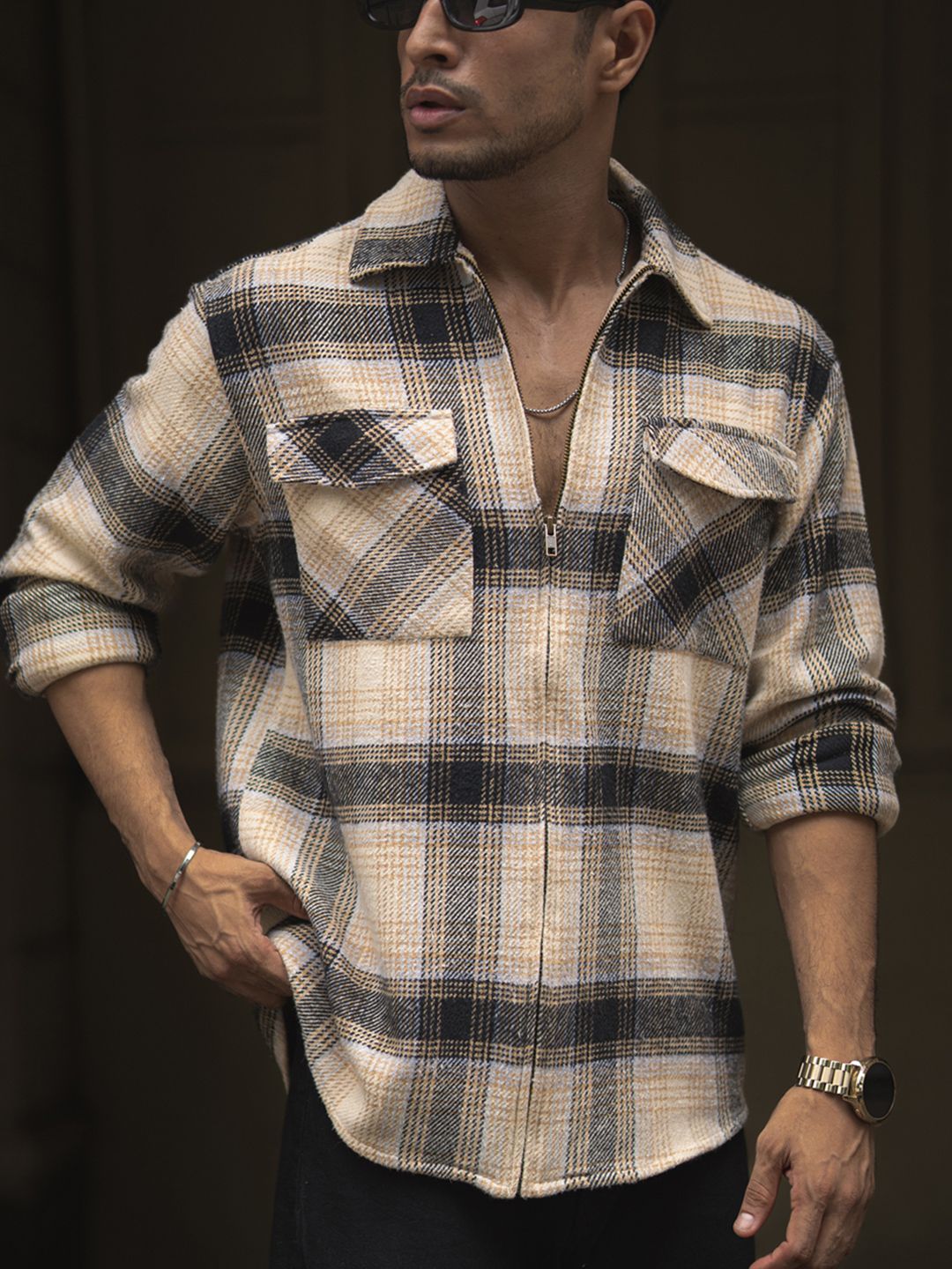 Powerlook Men Spread Collar Tartan Checked Cotton Casual Shirt