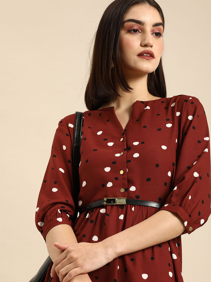 all about you Women Maroon & White Printed V-Neck A-Line Tiered Casual Dress